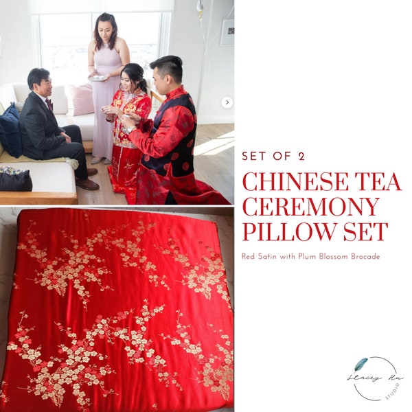 2/Pc Chinese Tea Ceremony Pillow Set | Red Satin with Plum Blossom Floral Brocade | Chinese | Handmade