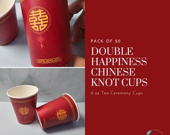 20/Pack Red and Gold Double Happiness Chinese Knot Tea Ceremony Cups | Chinese Wedding | Tea Ceremony | 6oz Cups | Disposal | Paper Cups