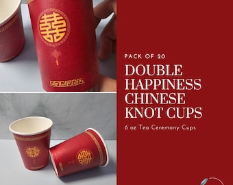 20/Pack Red and Gold Double Happiness Chinese Knot Tea Ceremony Cups | Chinese Wedding | Tea Ceremony | 6oz Cups | Disposal | Paper Cups