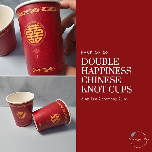 20/Pack Red and Gold Double Happiness Chinese Knot Tea Ceremony Cups | Chinese Wedding | Tea Ceremony | 6oz Cups | Disposal | Paper Cups