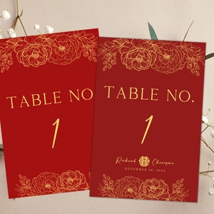 Cartões simples do número da mesa do casamento do vermelho & do | 4x6IN | Cerimônias Chinesas | Download instantâneo | Modelo editável do Canva | Imprimível