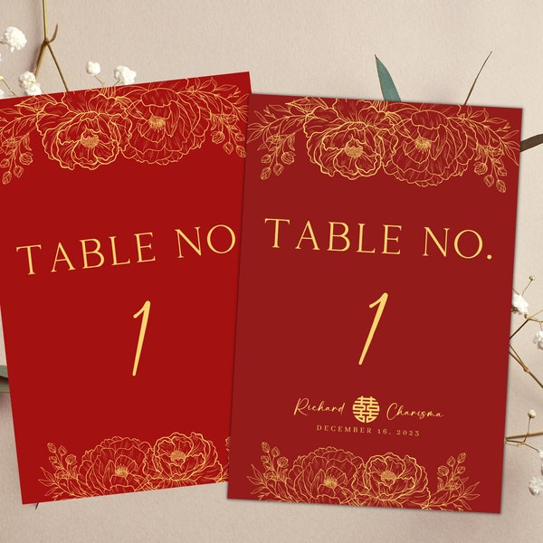 Simple Red & Gold Wedding Table Number Cards | 4x6IN | Chinese Ceremonies | Instant Download | Editable Canva Template | Printable