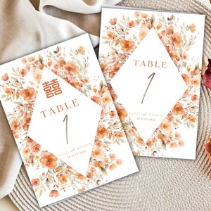 Boho Orange Floral / Double Happiness / Carte con numeri di tavolo / Cerimonie cinesi / Download istantaneo / Modello Canva modificabile / Stampabile 5x7