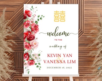 Red and Blush Greenery Wedding Double Happiness Welcome Sign | 18x24 IN | 45x60 CM | Instant Download | Editable Canva Template | Printable
