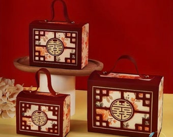 Floral Double Happiness Chinese Wedding Favor Boxes with Handles (Set of 10)