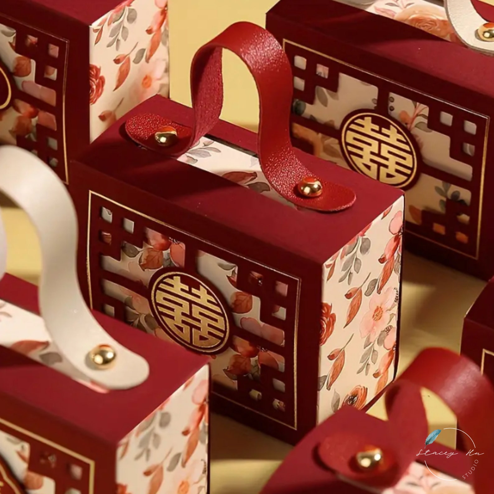 Floral Double Happiness Chinese Wedding Favor Boxes With Handles (set — free download
