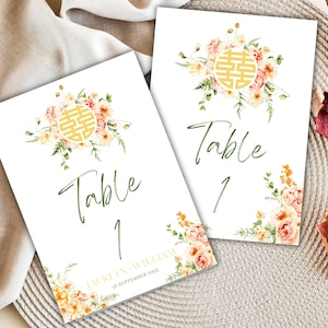 Sunny Field Floral Double Happiness / Carte con numeri di tavolo / Cerimonie cinesi / Download istantaneo / Modello Canva modificabile / Stampabile 5x7