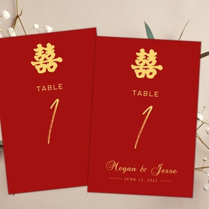 Numero di tabella doppia della felicità rosso e oro, matrimonio, cerimonie asiatiche, cinesi, download istantaneo, modello Canva modificabile, stampabile