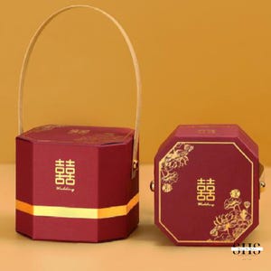 Set of 10 Octagon Double Happiness Portable Wedding favor boxes | Portable Box | Chocolate Boxes | Party Favor | Small | Burgundy & Gold