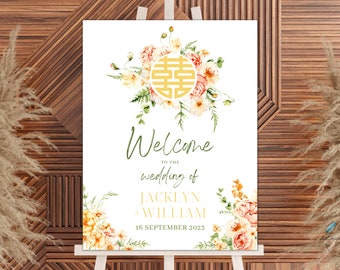 Sunny Field Floral Double Happiness Welcome Sign | 18x24 IN | 45x60 CM | Instant Download | Editable Canva Template | Printable