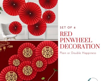 Red Double Happiness Paper Pinwheels | Plain or Double Happiness | Set of 6 | Traditional Wedding Wall Decoration | Tea Ceremony