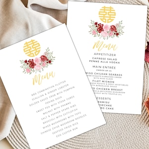 Simple Red, Blush and Gold Double Happiness Wedding Menu Set | White | Family Style & Plated | Editable Canva Template | Printable | 5x7