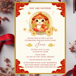 Tarjeta de invitación para celebrar los 100 días de Little Snake 2025 / Fiesta Red Egg & Ginger / Descarga instantánea / Plantilla de Canva editable / Imprimible
