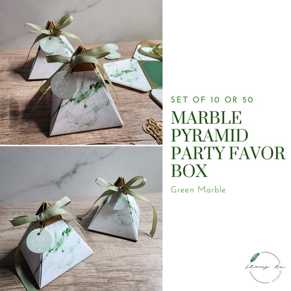 10 & 50 Set Pyramid Party Favor Boxes | Baby Shower | Bridal Shower | Wedding Favors Boxes | Birthday | Party Favor | Gold with Green Marble