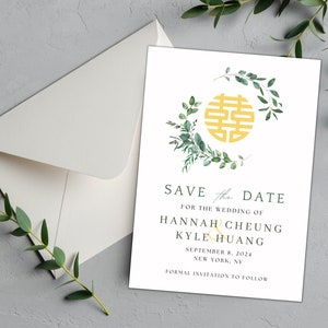 Semplice verde Double Happiness Wedding Save the Date / Modello Canva modificabile / Stampabile / 5x7