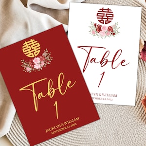 Número dobro floral simples da tabela da felicidade vermelho/branco | Casamento | Casamento Chinês | Download instantâneo | Modelo editável do Canva | Imprimível