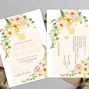 Sunny Field Floral Double Happiness Biglietto d'invito per matrimonio / Download istantaneo / Modello Canva modificabile / Stampabile / 4x6 / 5x7 /
