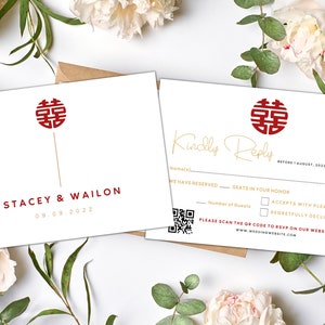 Tarjeta RSVP de boda con temática asiática minimalista "Double Happiness" / Descarga instantánea / Plantilla editable de Canva / Imprimible / 5,8 x 4,1 pulgadas / 14,8 x 10,5 cm