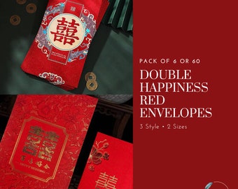 Set of 6/60 Double Happiness Wedding Chinese Red Envelopes | Chinese Wedding | Hong Bao | 3 Styles | Large, Extra Large | Gifts