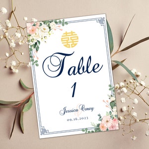 Boda de doble felicidad floral rubor marfil azul marino, Tarjetas de números de mesa, 5 x 7, Descarga instantánea, Plantilla de lienzo editable, Imprimible