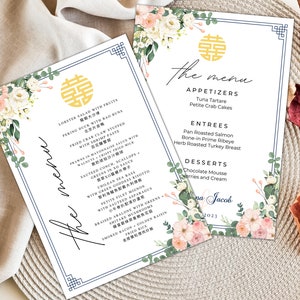 Navy Ivory and Blush Floral Double Happiness Wedding Menu Set | White | Family Style & Plated | Editable Canva Template | Printable | 5x7