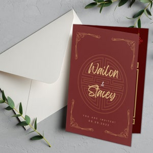 Moderne Rot und Gold asiatische Thema Hochzeit Klappkarte Einladung Doppel Glück | Sofortdownload | Bearbeitbare Canva Vorlage | Druckbar