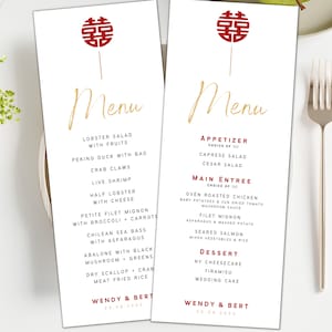 Menus de casamento de felicidade dupla com tema asiático mínimo | Menu Magro | 3,75 x 9 pol. | Download instantâneo | Modelo editável do Canva | Imprimível