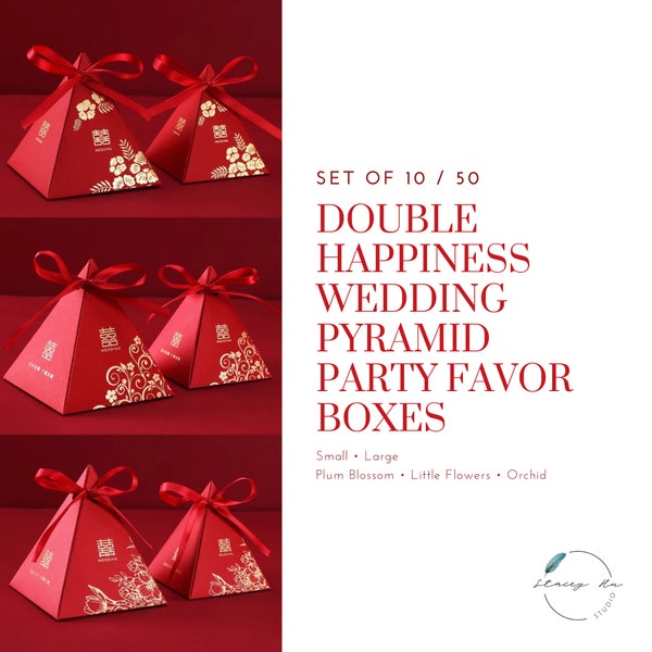 10/Set or 50/Set Small/Large Double Happiness Red Chinese Traditional Wedding Favors Boxes | Pyramid Box | Party Favor | 3 Styles