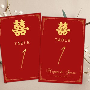 Rood en goud dubbel geluk met rand tabelnummer | Bruiloft | Chinese ceremonies | Direct downloaden | Bewerkbare canvassjabloon | Afdrukbaar