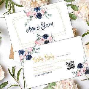Gold, Blush and Navy Floral Wedding RSVP Card | Instant Download | Editable Canva Template | Printable
