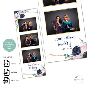 Gold, Blush and Navy Floral Wedding Photobooth Strip Template 2x6
