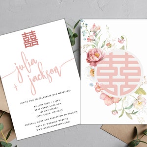 Invito a nozze Spring Blossom Simple Double Happiness / Solo in inglese / Download immediato / Modello Canva modificabile / Stampabile / 5x7