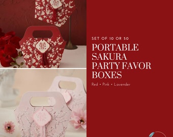 Set of 10/50 Portable Sakura Party Favor Bag | Chocolate Boxes | Handle Paper Bag| Party Favor | 3 Colors | Red | Pink | Lavender