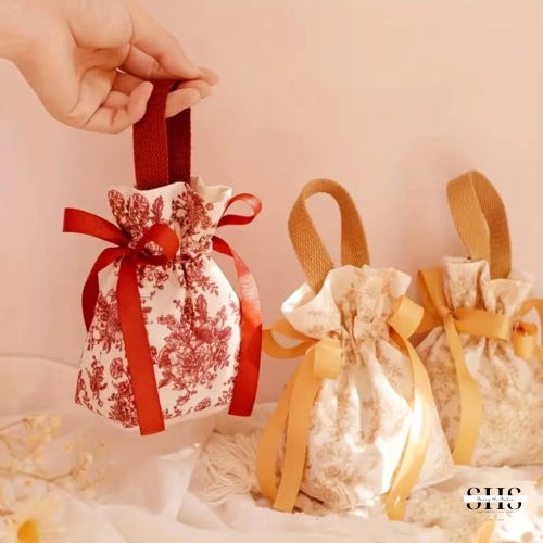 Pochettes pour cadeaux en toile à fleurs avec ruban - Lot de 10