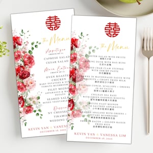 Cardápio de Casamento Red & Blush Double Happiness | Jantar com Pratos | Banquete Chinês | Download Instantâneo | Modelo Canva Editável | Para Imprimir