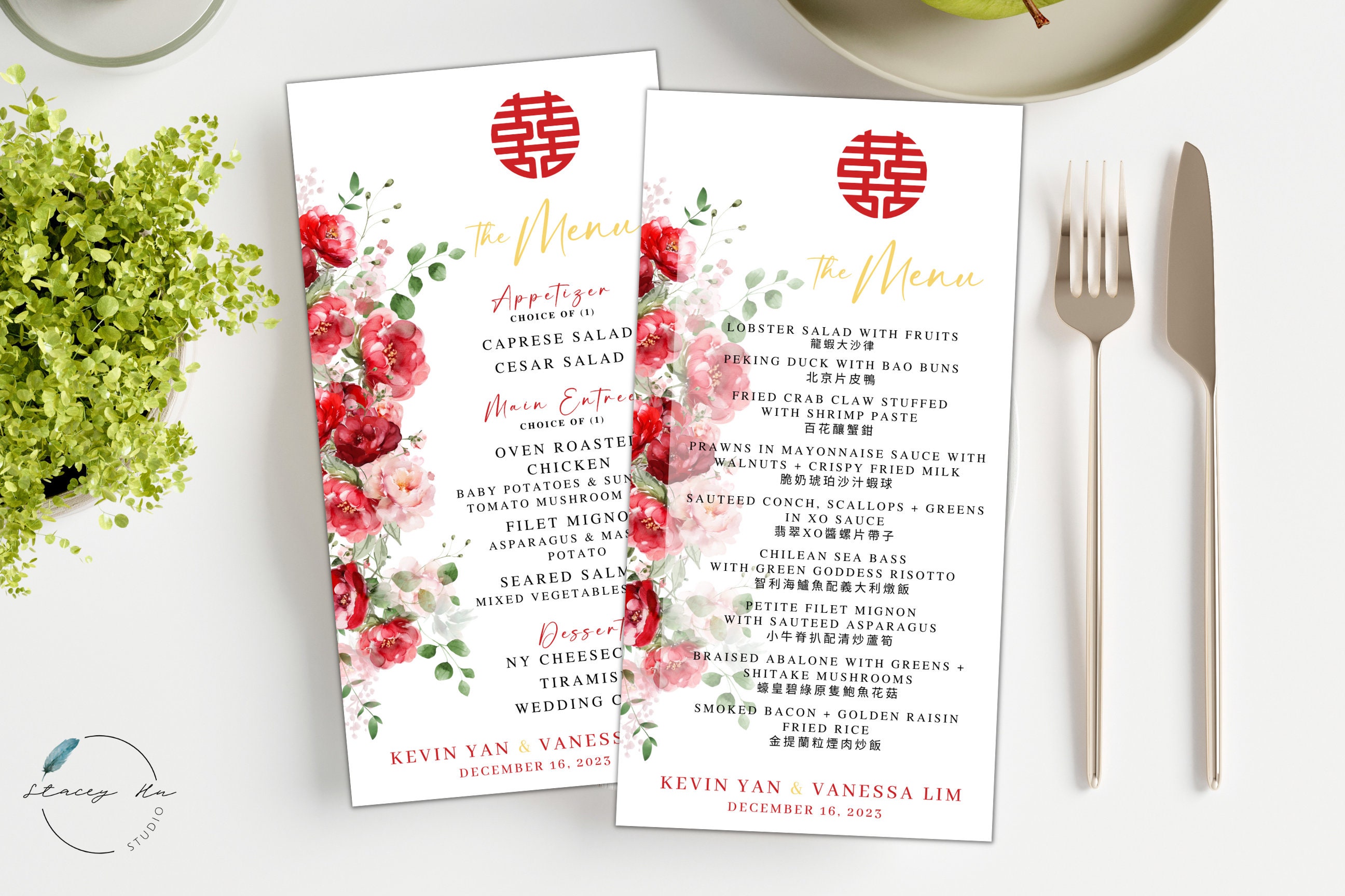 Red & Blush Double Happiness Wedding Menu | Plated Dinner