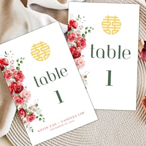 Cartão de Número de Mesa de Casamento Floral Vermelho e Blush Double Happiness | 4x6 | Download Instantâneo | Modelo Canva Editável | Para Imprimir
