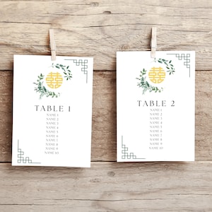 Tarjetas con números de mesa y asientos para bodas con vegetación sencilla y doble felicidad / Descarga instantánea / Plantilla editable de Canva / Imprimible / 4x6