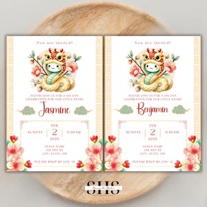 Tarjeta de invitación para celebrar los 100 días de Little Snake 2025 / Fiesta de Red Egg & Ginger / Descarga instantánea / Plantilla editable de Canva / Imprimible