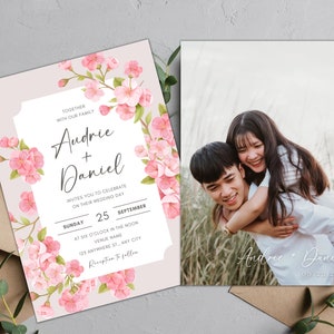 Blush Cherry Blossom Wedding Invitation Card | Instant Download | Editable Canva Template | Printable | 5x7 |