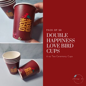 May include: A pack of 20 red paper cups with a floral design and the Chinese characters for "double happiness" in gold. The cups are 6 oz and are ideal for a tea ceremony.