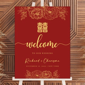 Red and Gold Double Happiness Wedding Welcome Sign | 18x24 IN | 45x60 CM | Instant Download | Editable Canva Template | Printable