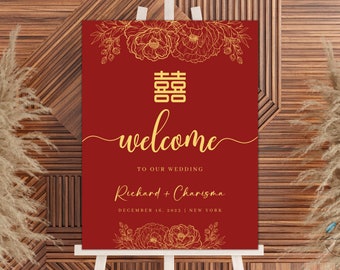 Red and Gold Double Happiness Wedding Welcome Sign | 18x24 IN | 45x60 CM | Instant Download | Editable Canva Template | Printable
