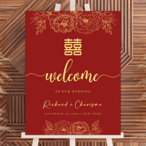 Red and Gold Double Happiness Wedding Welcome Sign | 18x24 IN | 45x60 CM | Instant Download | Editable Canva Template | Printable