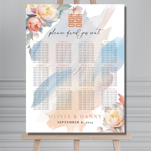 Lush Peony Garden Double Happiness Wedding Seating Chart | Portrait | 18x24 in| Instant Download | Editable Canva Template | Printable