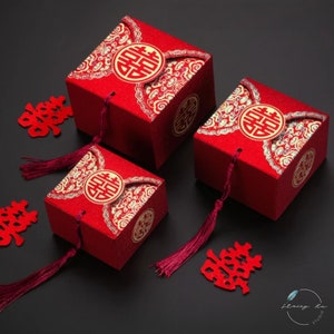 50 Set Elegant Red Gold Foil Double Happiness Red Chinese Wedding Favors Boxes | Chocolate Boxes | Square Box | Party Favor | 3 Sizes
