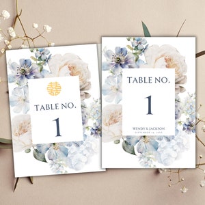 Numero del tavolo per matrimonio con motivo floreale blu e avorio Double Happiness / 5x7 / Download immediato / Modello Canva modificabile / Stampabile