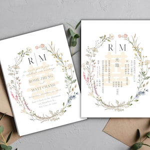 Set di inviti per nozze "Double Happiness" con semplice fioritura primaverile / Cinese tradizionale inglese / Modello Canva modificabile / Stampabile / 5x7