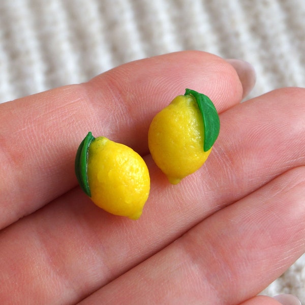 Lemon Stud Earrings, Bright Yellow Juicy Citrus Fruits Jewelry, Tiny Stainless Steel Post Earrings