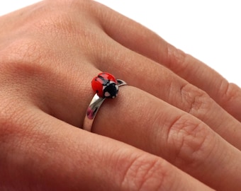 May include: A silver ring with a red and black ladybug charm.
